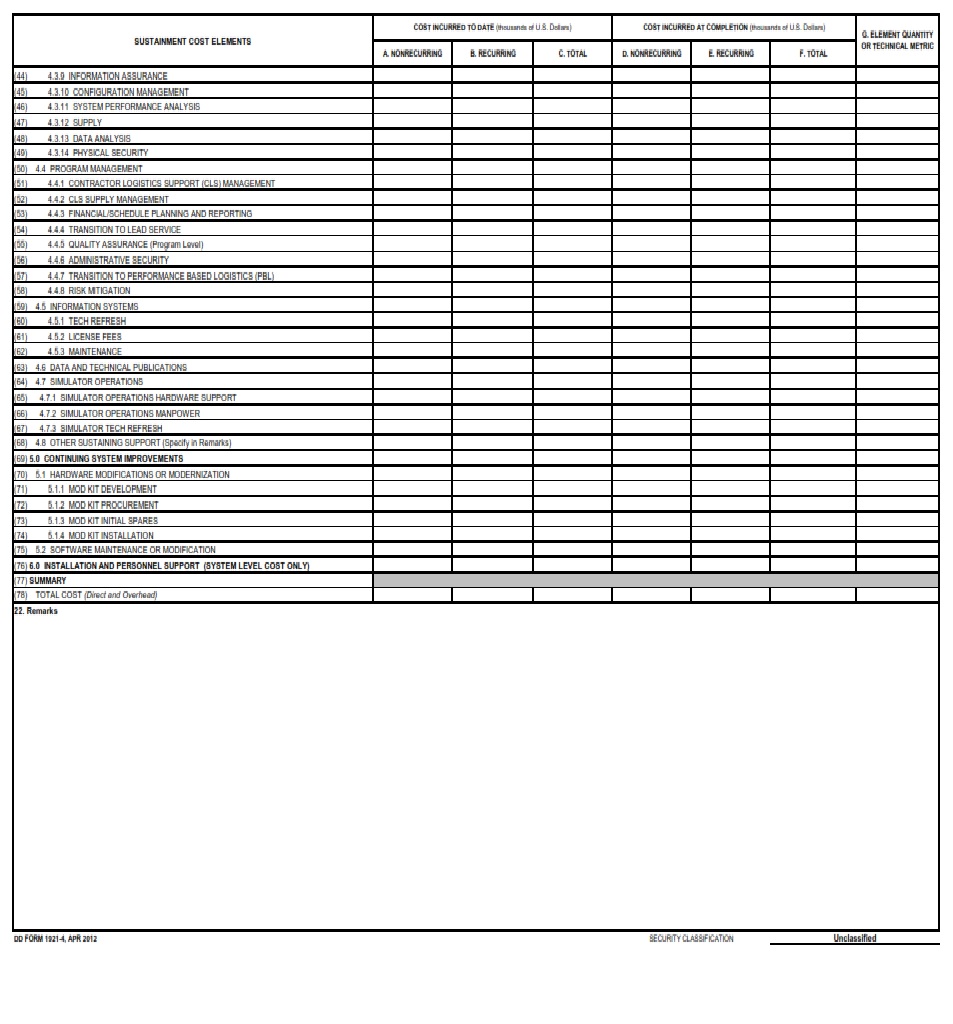 DD Form 1921 4 Contractor Sustainment Report DD Forms
