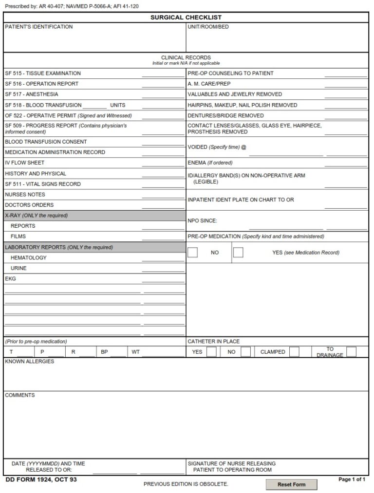 Dd form 1924 surgical checklist dd forms