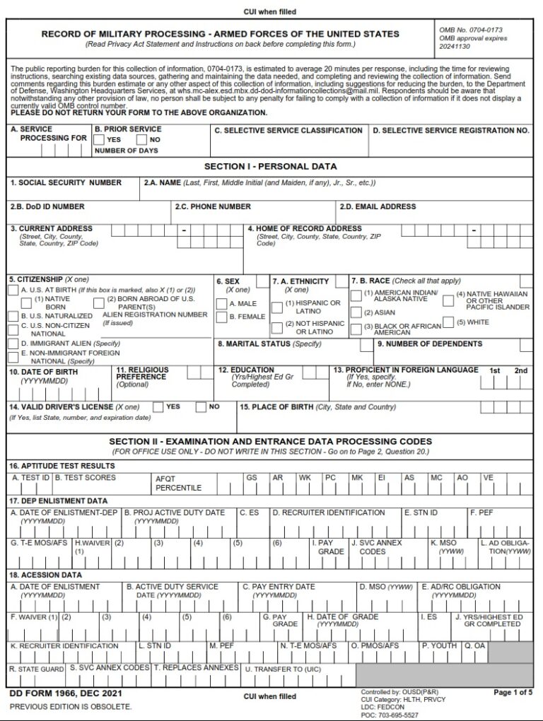 DD Form 1966 – Record of Military Processing – Armed Forces of the ...