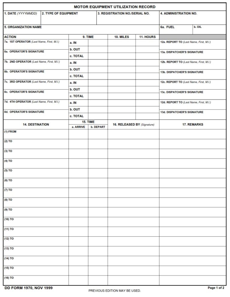 DD Form 1970 – Motor Equipment Utilization Record - DD Forms