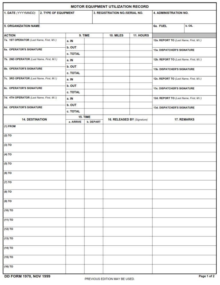 DD Form 1970 Motor Equipment Utilization Record DD Forms