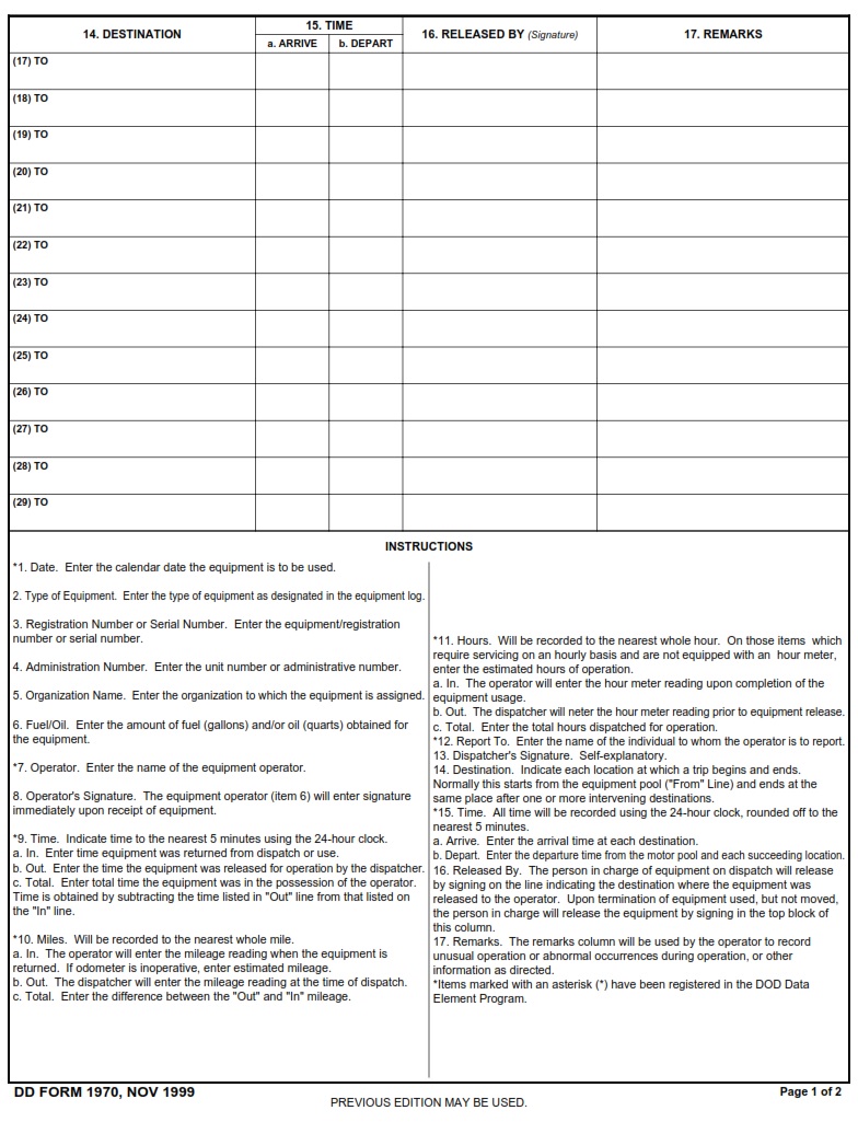 DD Form 1970 Motor Equipment Utilization Record DD Forms