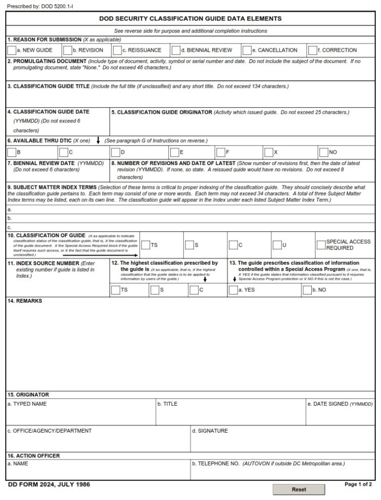 DD Form 2024 – DoD Security Classification Guide Data Elements - DD Forms