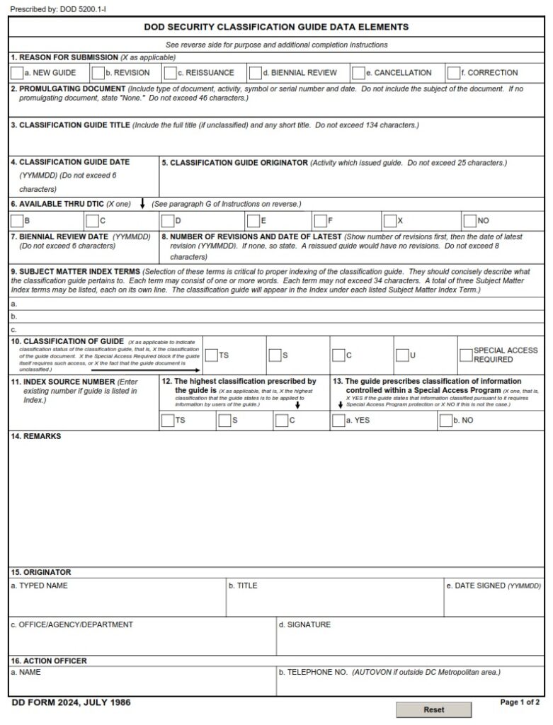 DD Form 2024 DoD Security Classification Guide Data Elements DD Forms   DD Form 2024 781x1024 