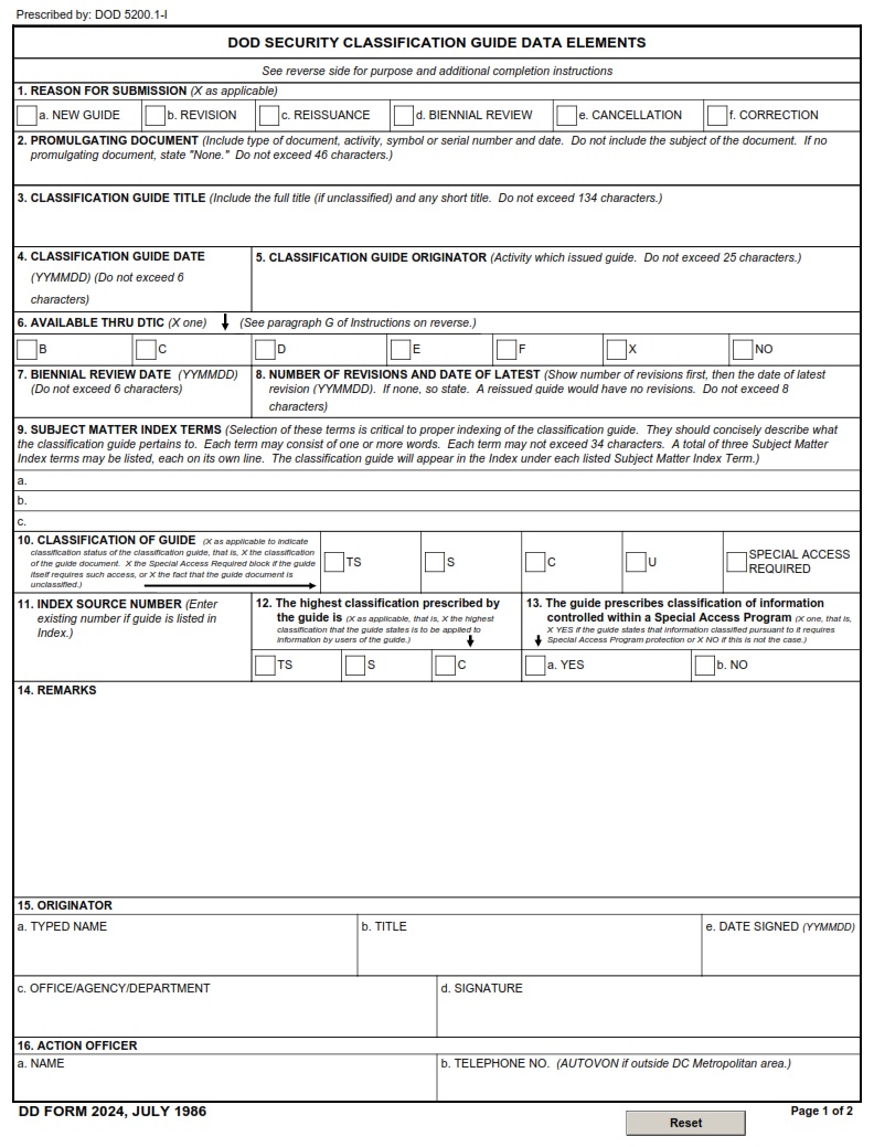 DD Form 2024 DoD Security Classification Guide Data Elements DD Forms