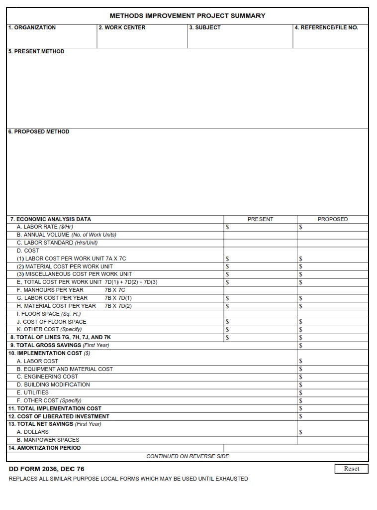 DD Form 2036 Methods Improvement Project Summary DD Forms