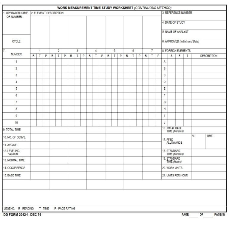 Dd Form 2042-1 – Work Measurement Time Study Worksheet (continuous 