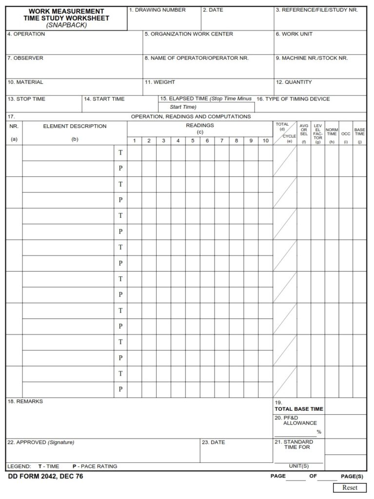 DD Form 2042 Work Measurement Time Study Worksheet Snapback DD Forms for Dd Form 2026 Aug 2014
