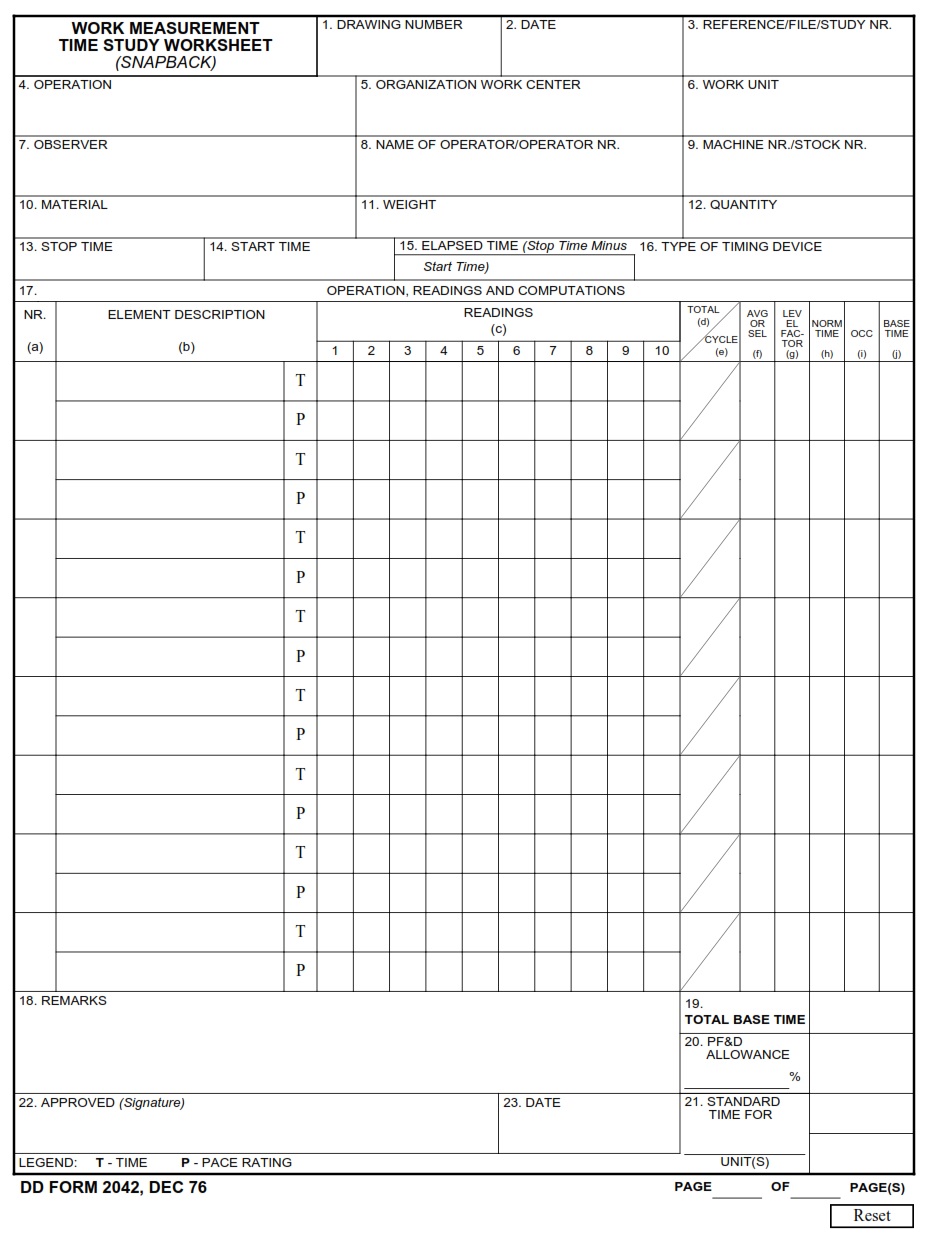 DD Form 2042 Work Measurement Time Study Worksheet Snapback DD Forms