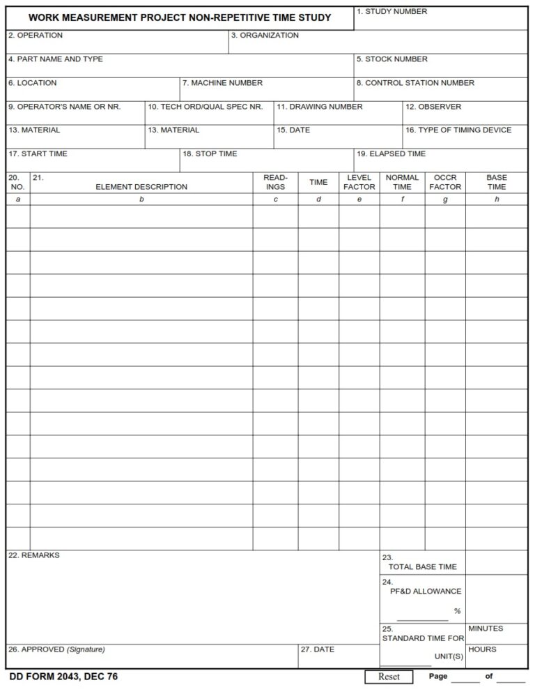 DD Form 2043 – Work Measurement Project Non-Repetitive Time Study - DD ...