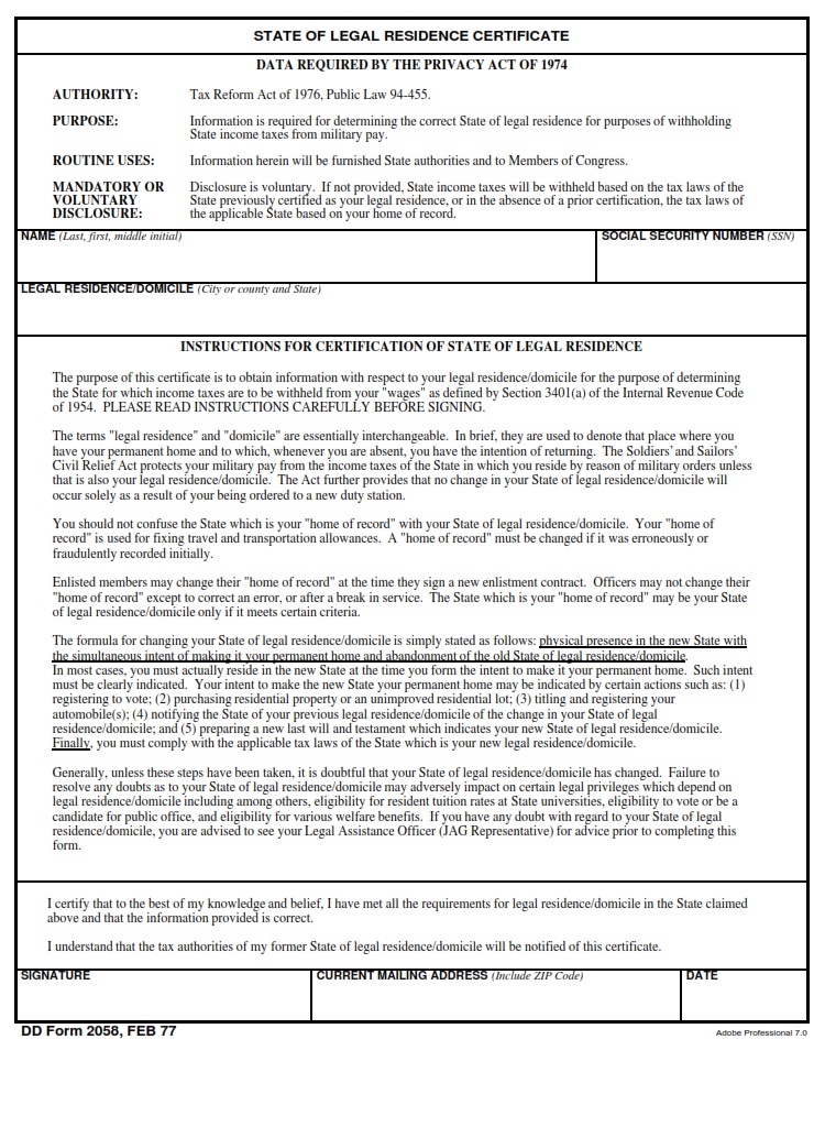 Dd Form 2058 State Of Legal Residence Certificate Dd Forms