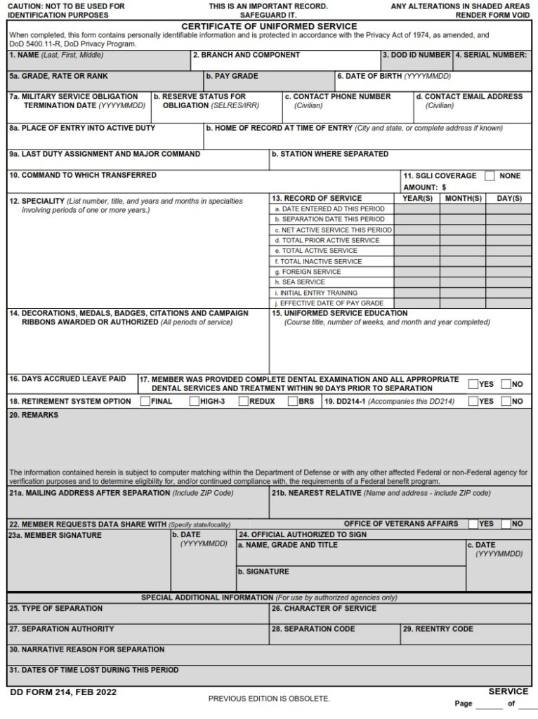 DD Form 214 – Certificate of Uniformed Service - DD Forms