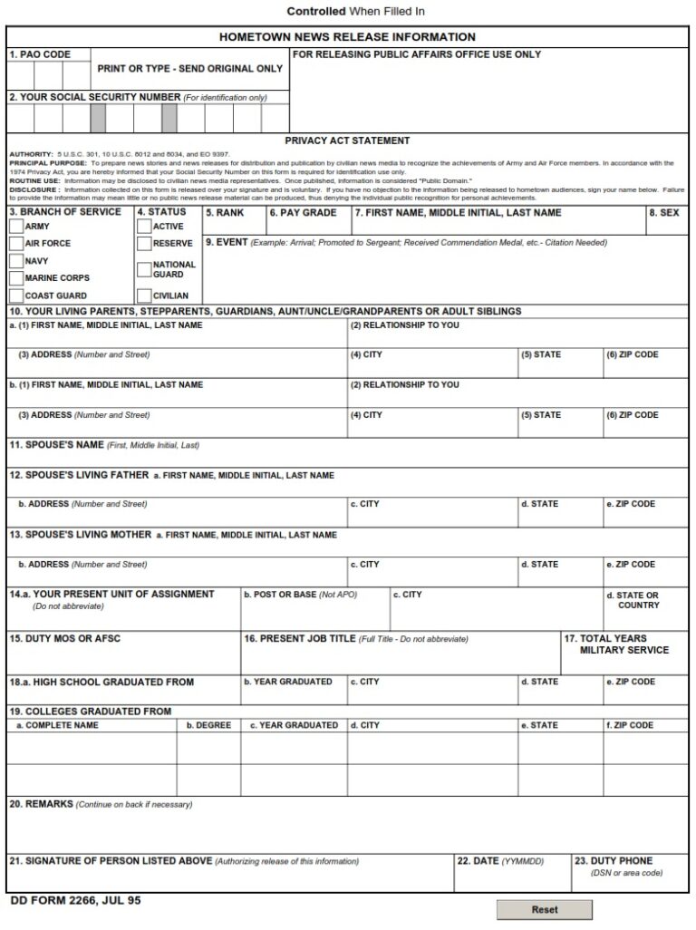 DD Form 2266 – Hometown News Release Information - DD Forms