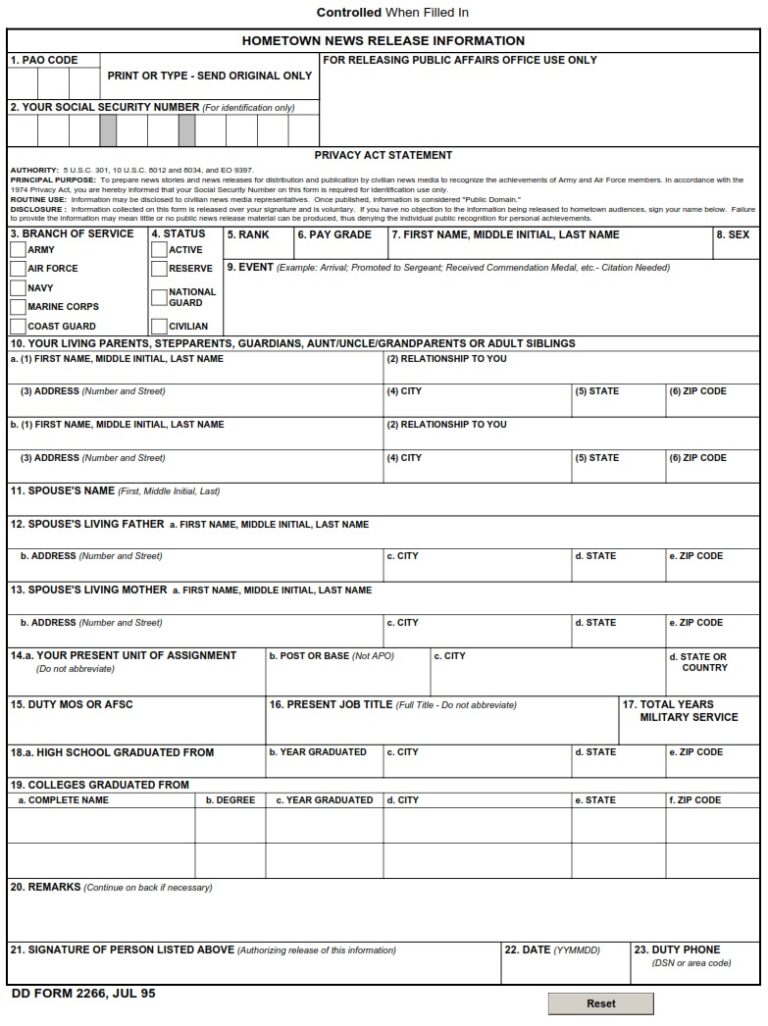 DD Form 2266 Hometown News Release Information DD Forms
