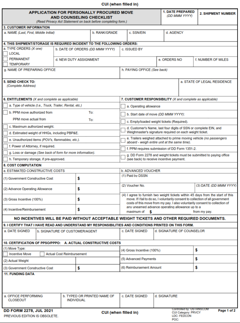Dd Form 2278 Application For Personally Procured Move And Counseling