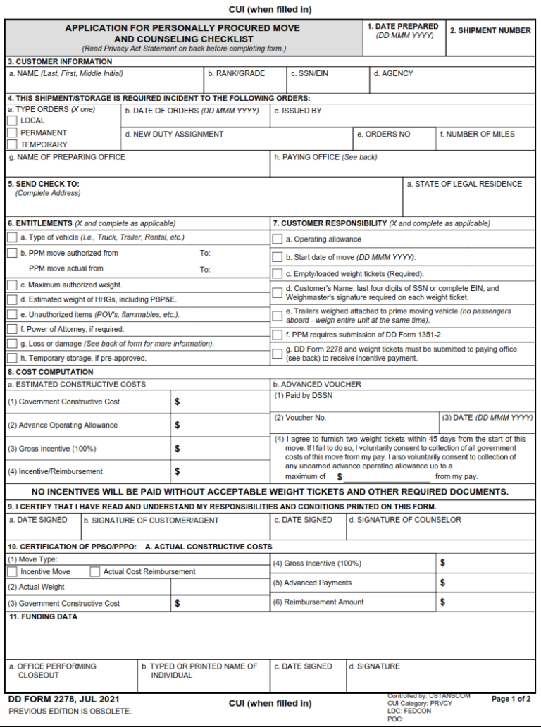 DD Form 2278 Application For Personally Procured Move And Counseling