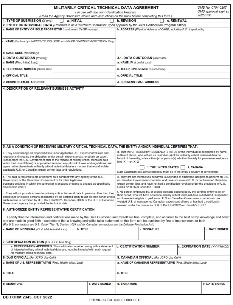 DD Form 2345 Militarily Critical Technical Data Agreement DD Forms
