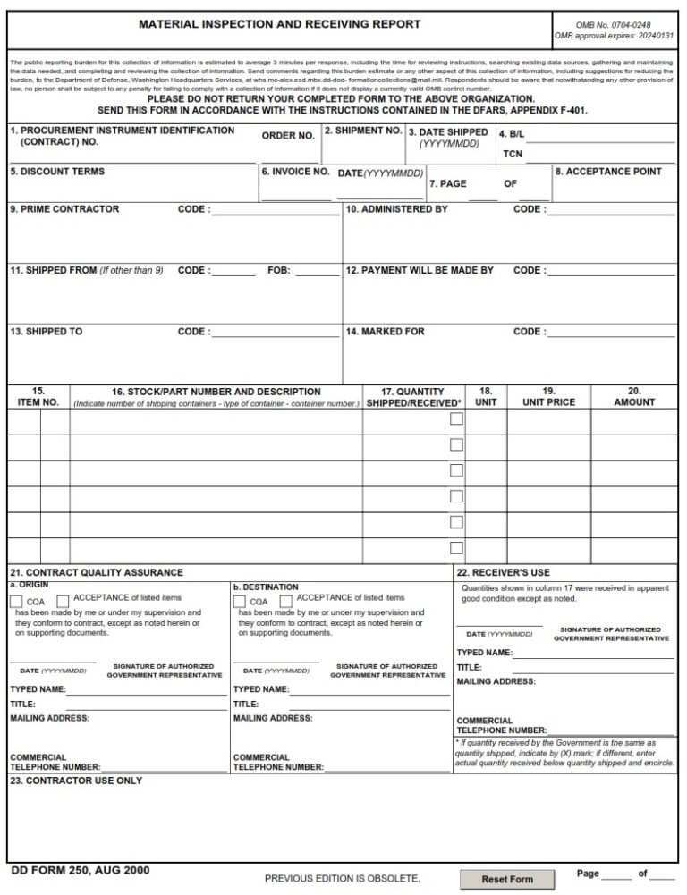 DD Form 250 – Material Inspection and Receiving Report - DD Forms