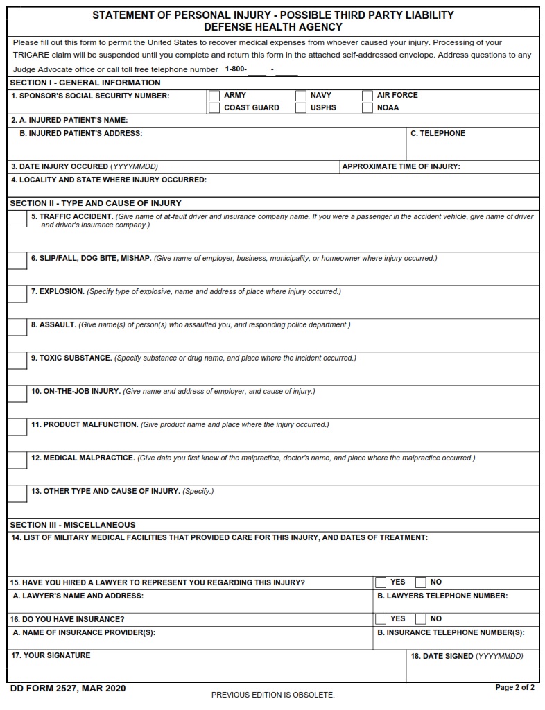 DD Form 2527 Statement Of Personal Injury DD Forms