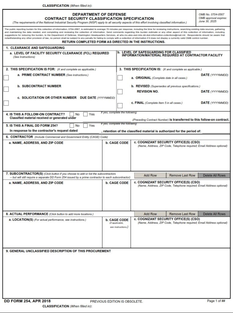 DD Form 254 – Department Of Defense Contract Security Classification ...