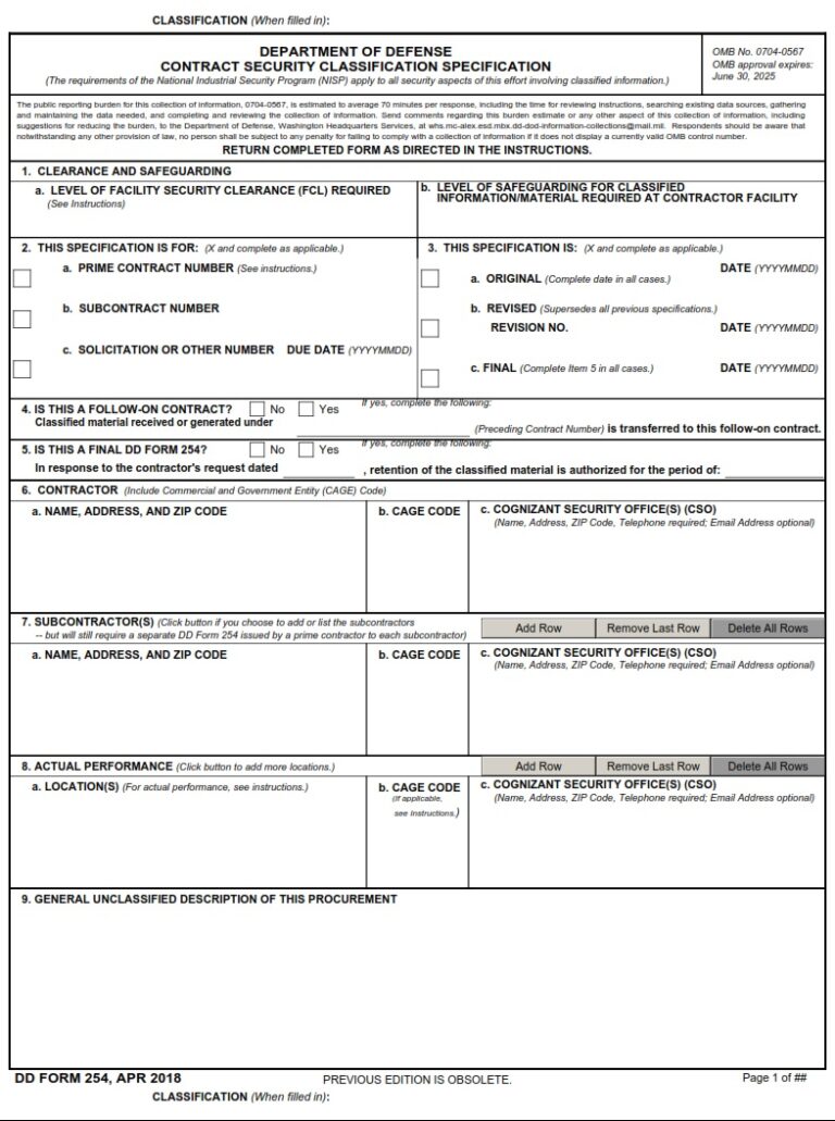 DD Form 254 Department Of Defense Contract Security Classification