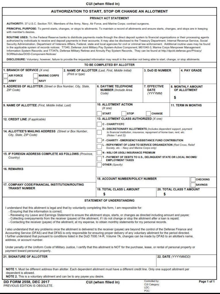 Dd Form 2558 Authorization To Start Stop Or Change An Allotment