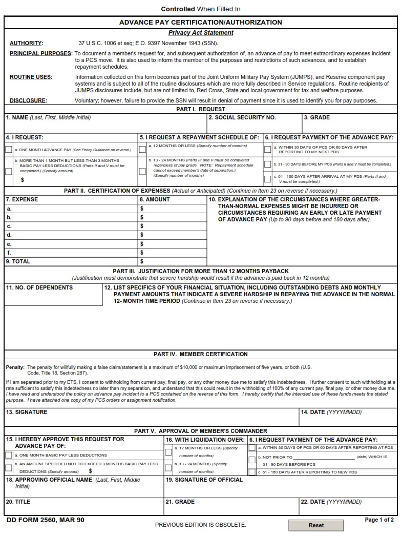 DD Form 2560 - Page 1