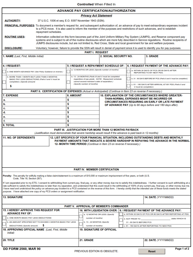 DD Form 2560 Advance Pay Certification Authorization DD Forms