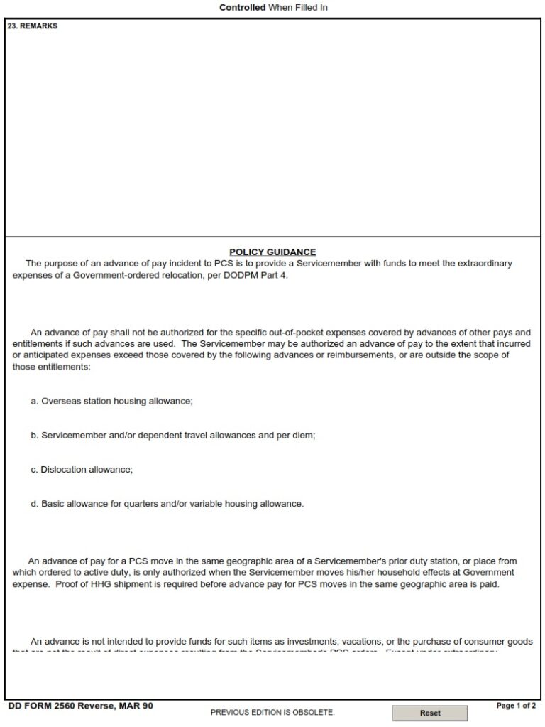 DD Form 2560 – Advance Pay Certification/Authorization - DD Forms