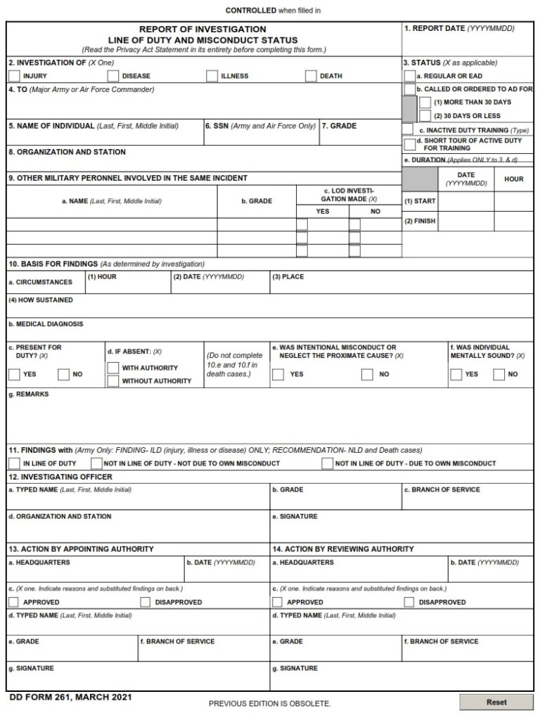 DD Form 261 – Investigation, Report of – Line of Duty and Misconduct ...