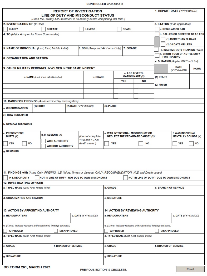 DD Form 261 Investigation Report Of Line Of Duty And Misconduct