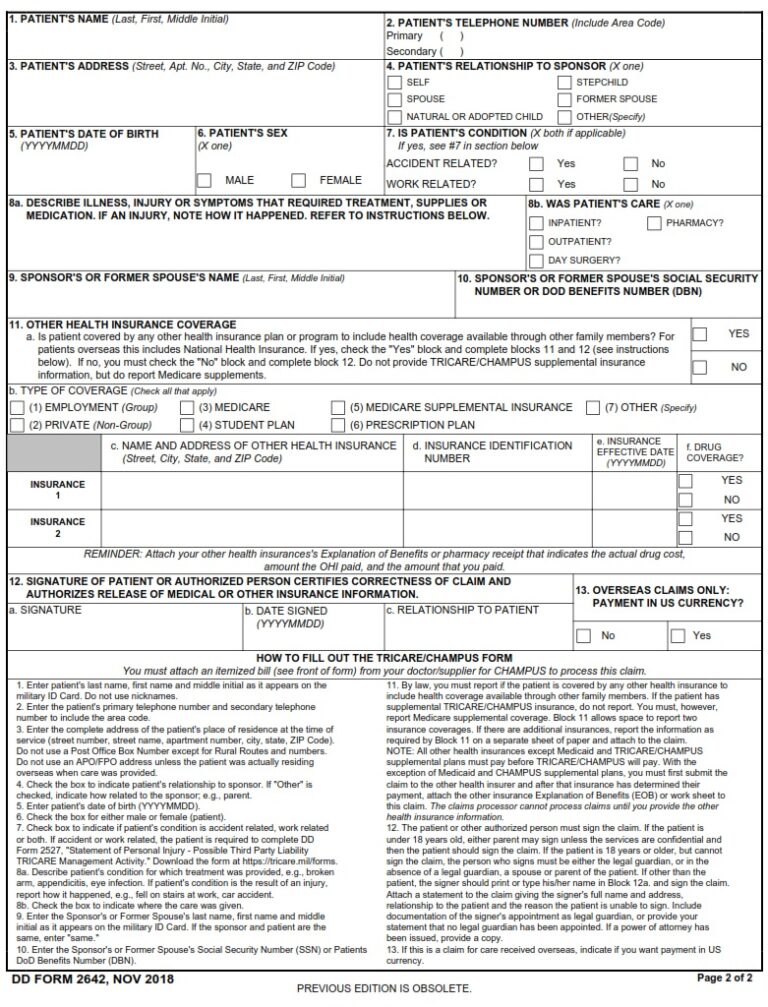 DD Form 2642 – CHAMPUS Claim Patient’s Request for Medical Payment - DD ...