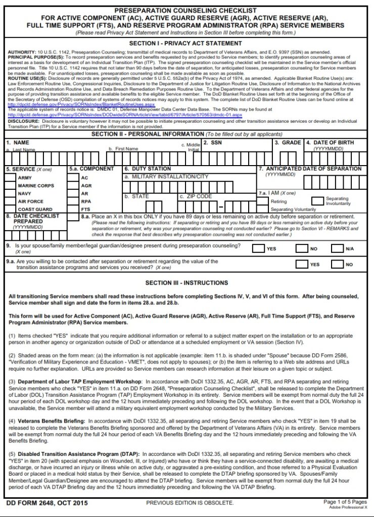 DD Form 2648 Service Member PreSeparation/Transition Counseling and