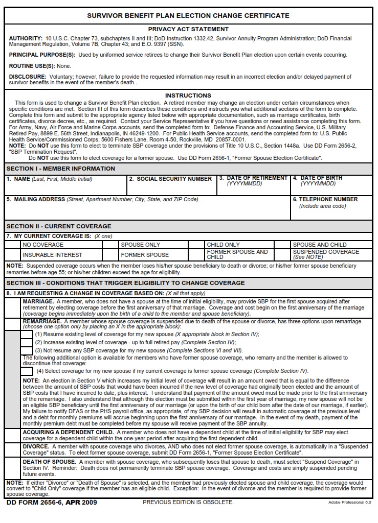 DD Form 2656 6 Survivor Benefit Plan Election Change Certificate DD DD Form 2656 6 Survivor Benefit Plan Election Change Certificate DD