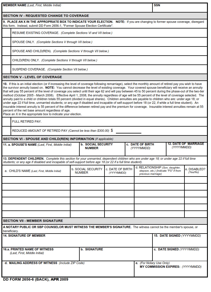 DD Form 2656 6 Survivor Benefit Plan Election Change Certificate DD