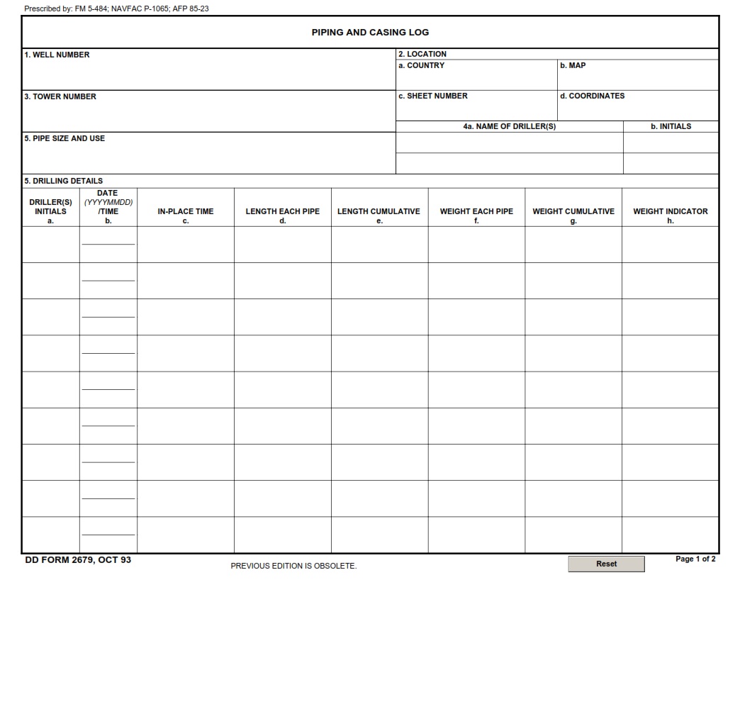 DD Form 2679 Piping And Casing Log DD Forms