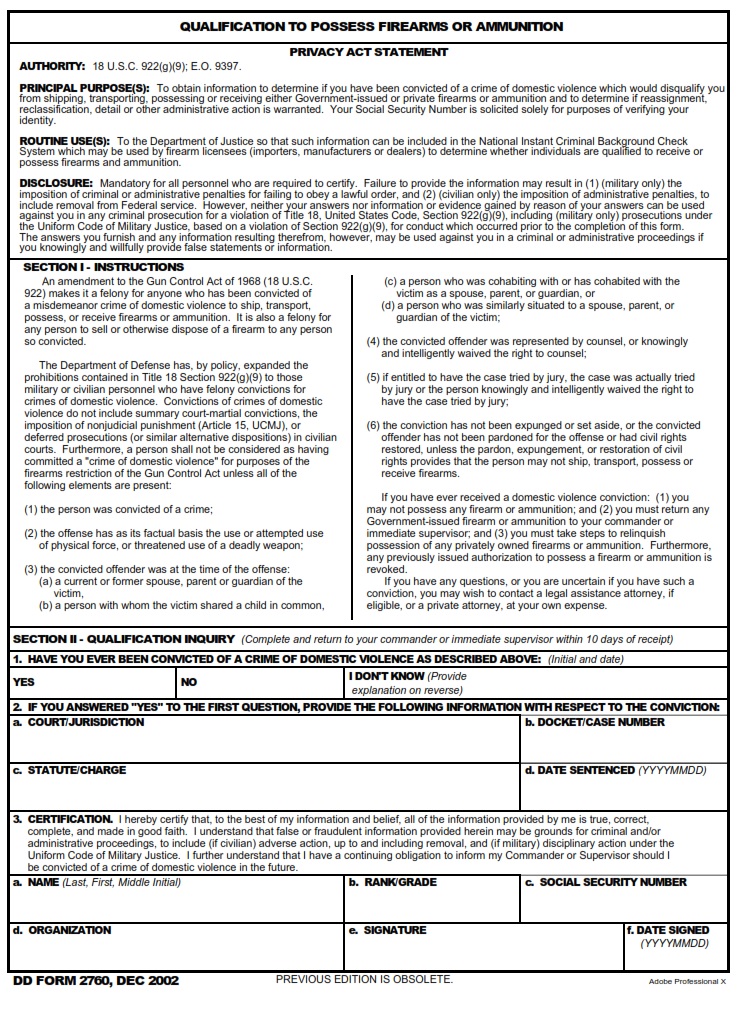 DD Form 2760 Qualification To Possess Firearms Or Ammunition DD Forms