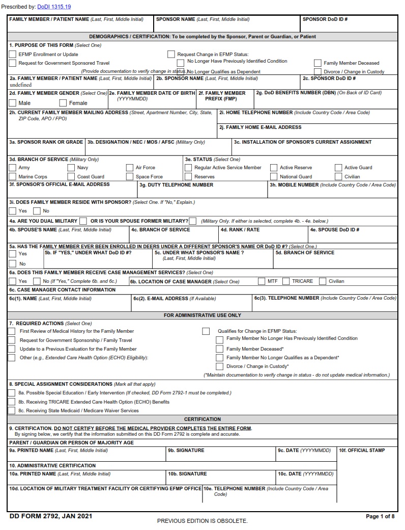 DD Form 2792 Family Member Medical Summary DD Forms