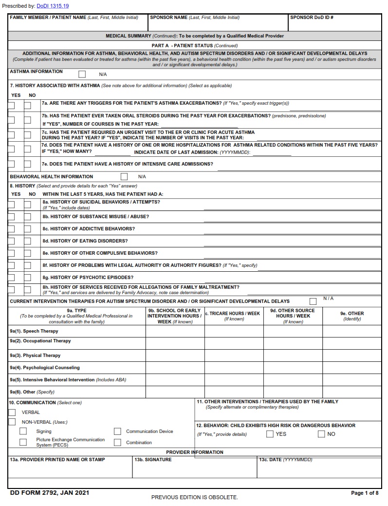 DD Form 2792 Family Member Medical Summary DD Forms