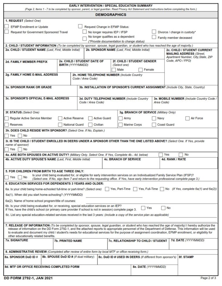 DD Form 2792-1 – Early Intervention / Special Education Summary - DD Forms