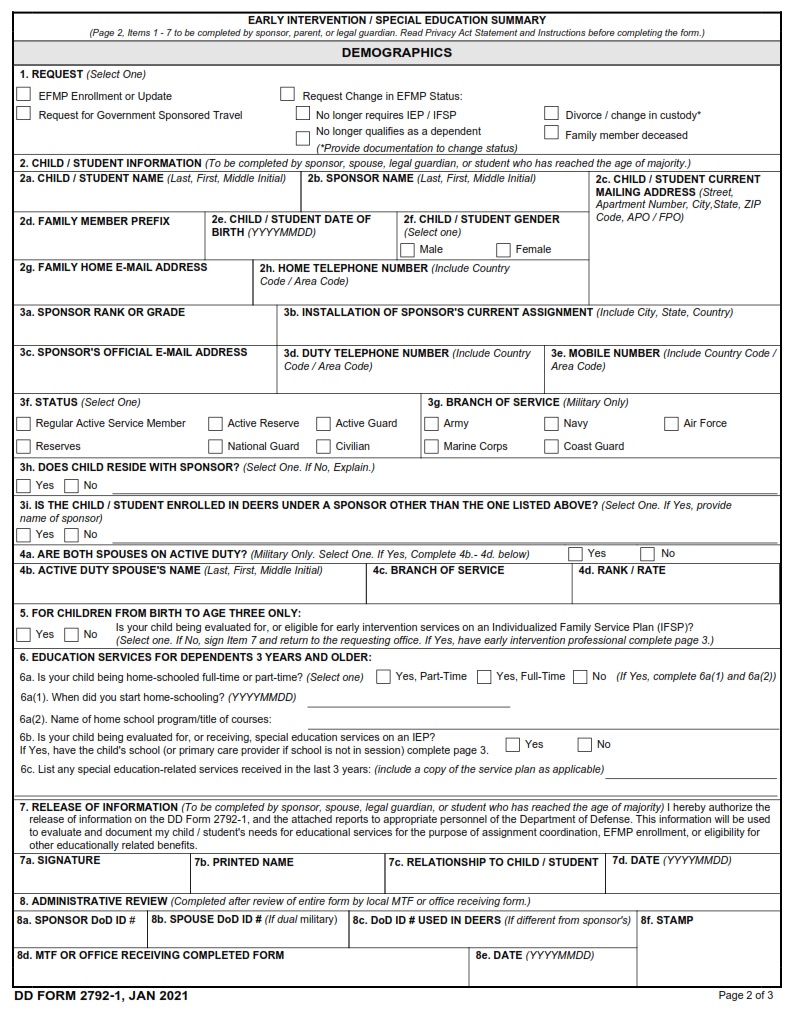 DD Form 2792 1 Early Intervention Special Education Summary DD Forms
