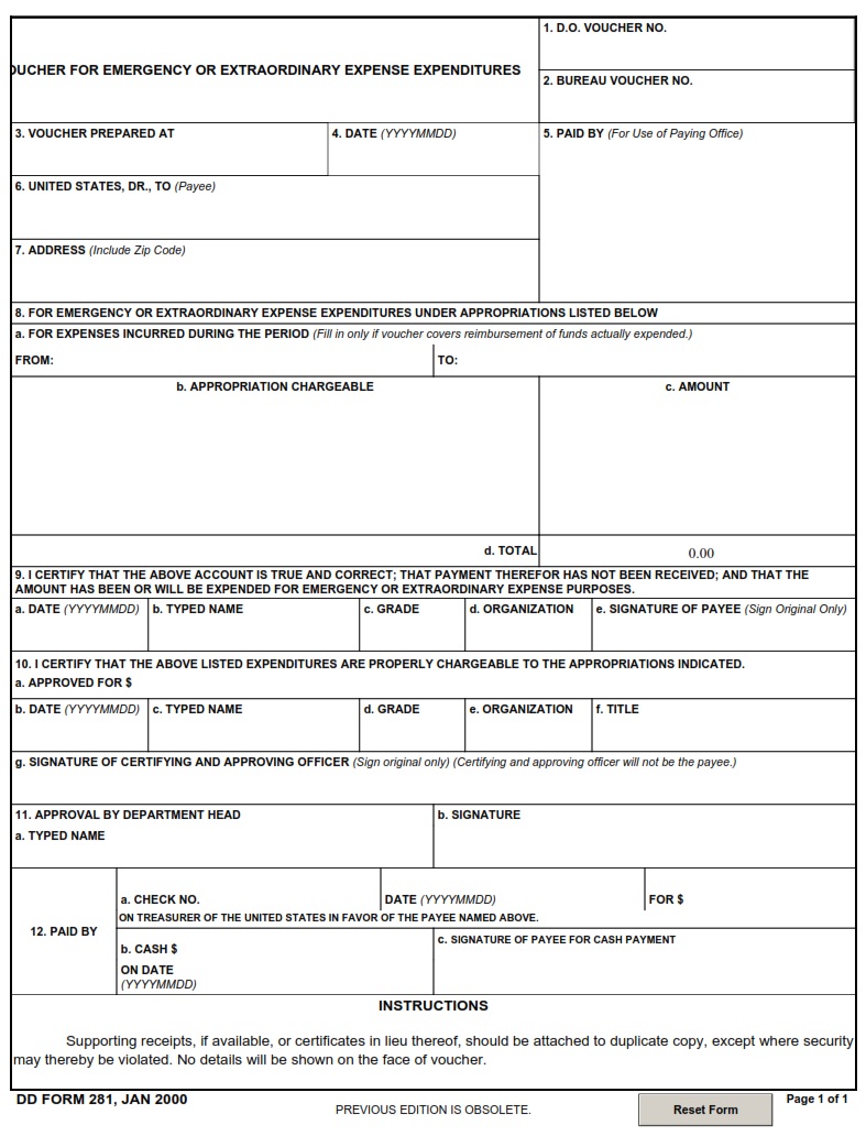 DD Form 281 Voucher For Emergency Or Extraordinary Expense