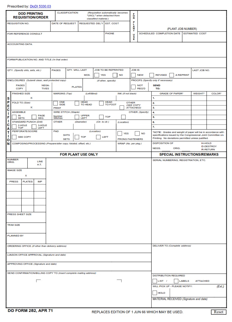 DD Form 282 DoD Printing Requisition Order DD Forms