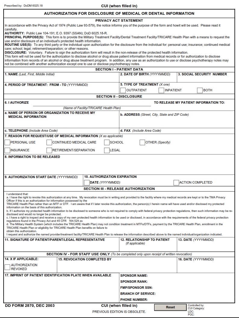 DD Form 2870 – Authorization for Disclosure of Medical or Dental ...