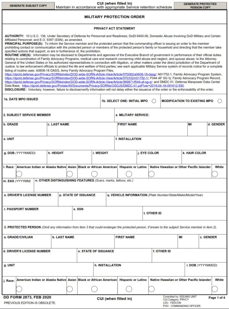 DD Form 2873 – Military Protection Order (MPO) - DD Forms