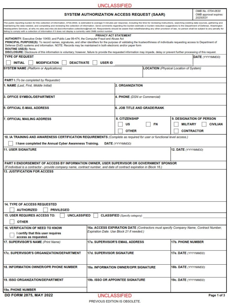 Dd Form 2875 – System Authorization Access Request (saar) - Dd Forms