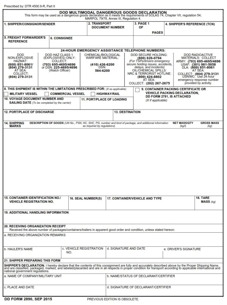 DD Form 2890 DoD Multimodal Dangerous Goods Declaration DD Forms