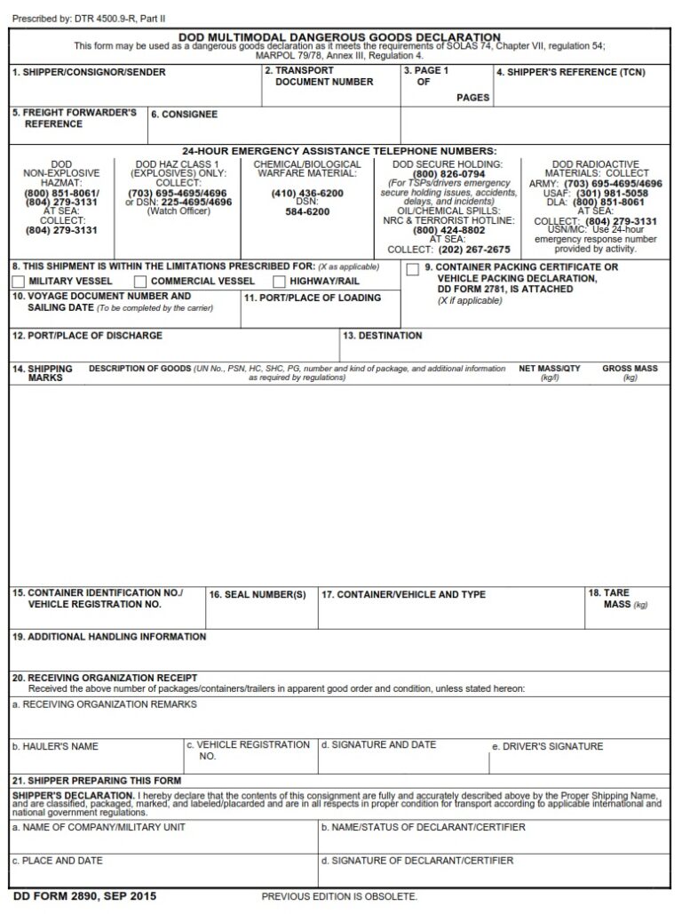 DD Form 2890 – DoD Multimodal Dangerous Goods Declaration - DD Forms