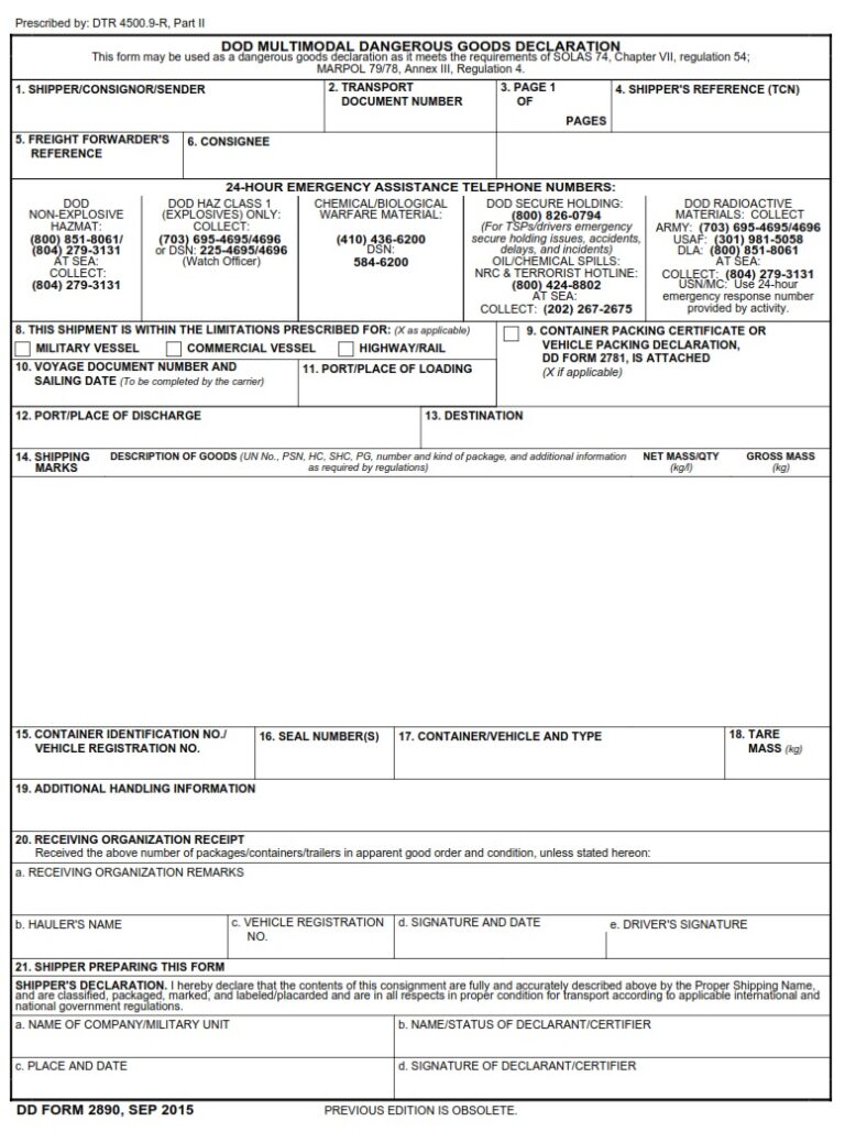 DD Form 2890 DoD Multimodal Dangerous Goods Declaration DD Forms