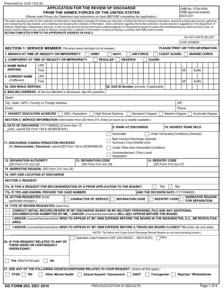 DD Form 293 – Application for the Review of Discharge from the Armed ...